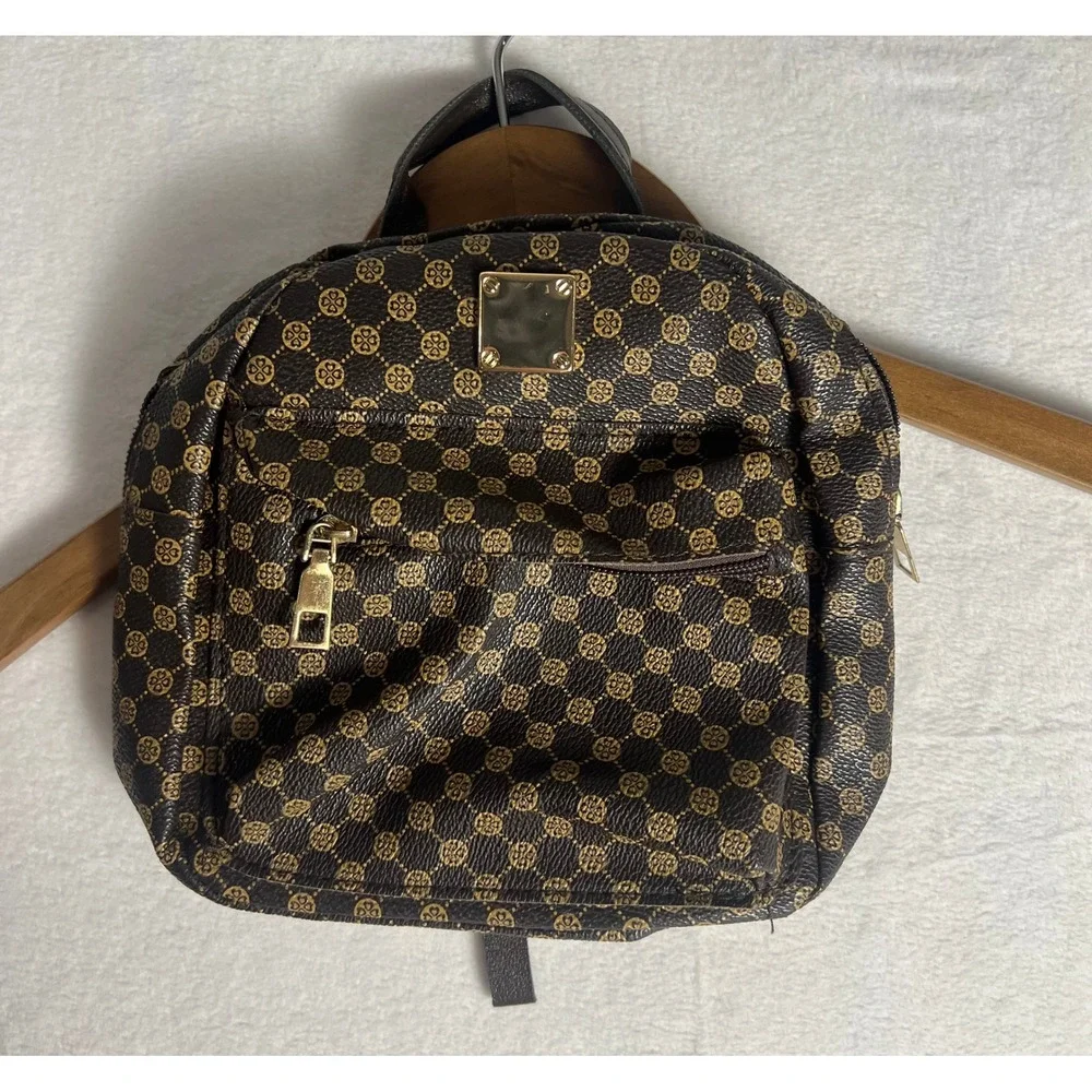 Mini Backpack Small Brown Monogram Faux Leather Gold Hardware Preppy Old Money